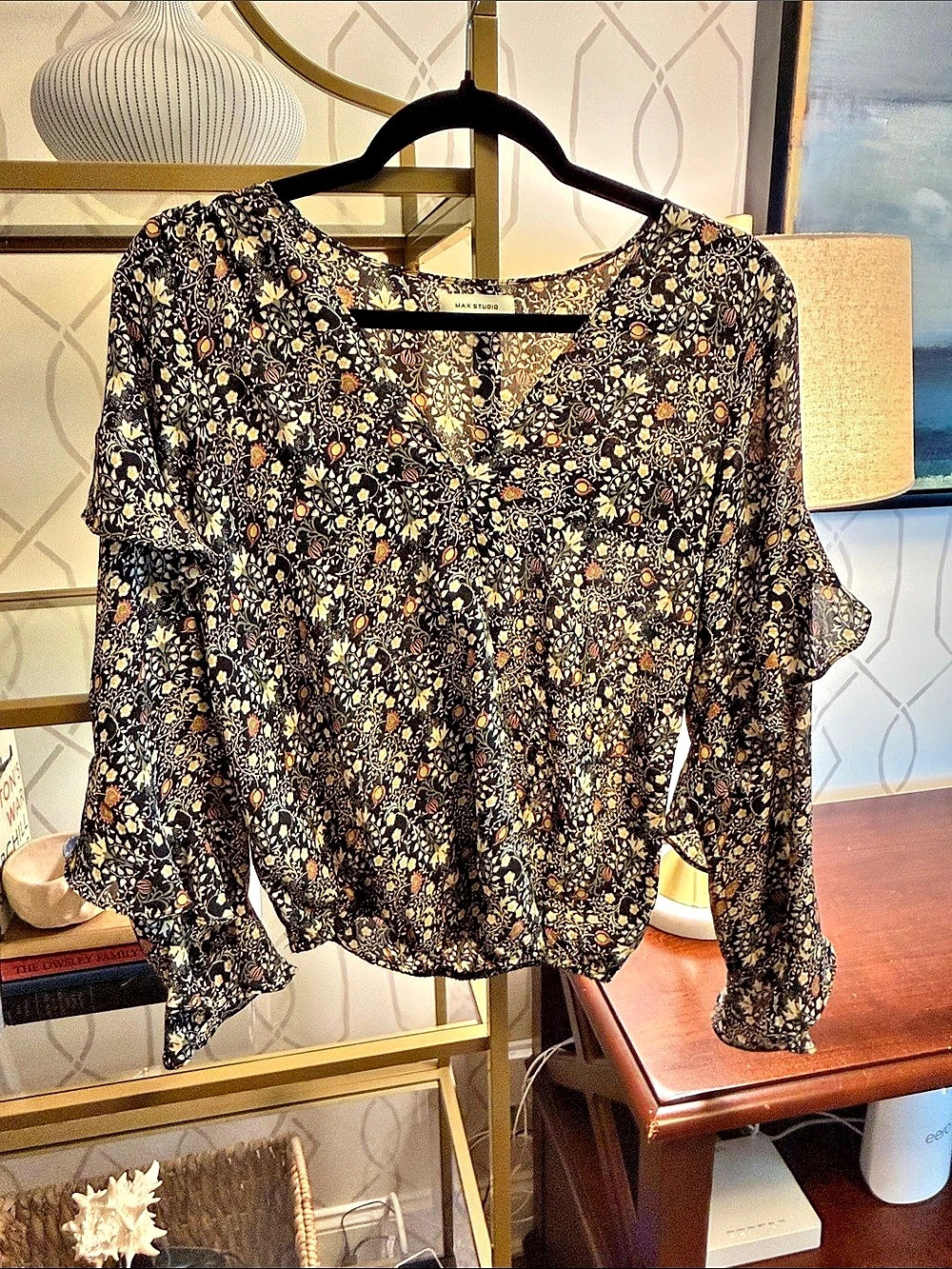 Max Studio Floral Long Sleeve Blouse in Black & Yellow